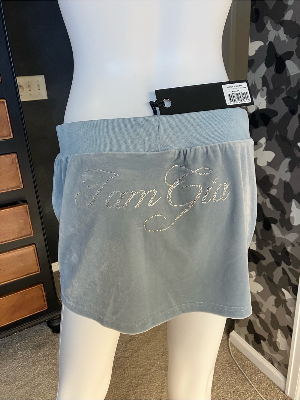 I.AM.GIA Powder Blue Velvet Mini Skirt with Rhinestone Script